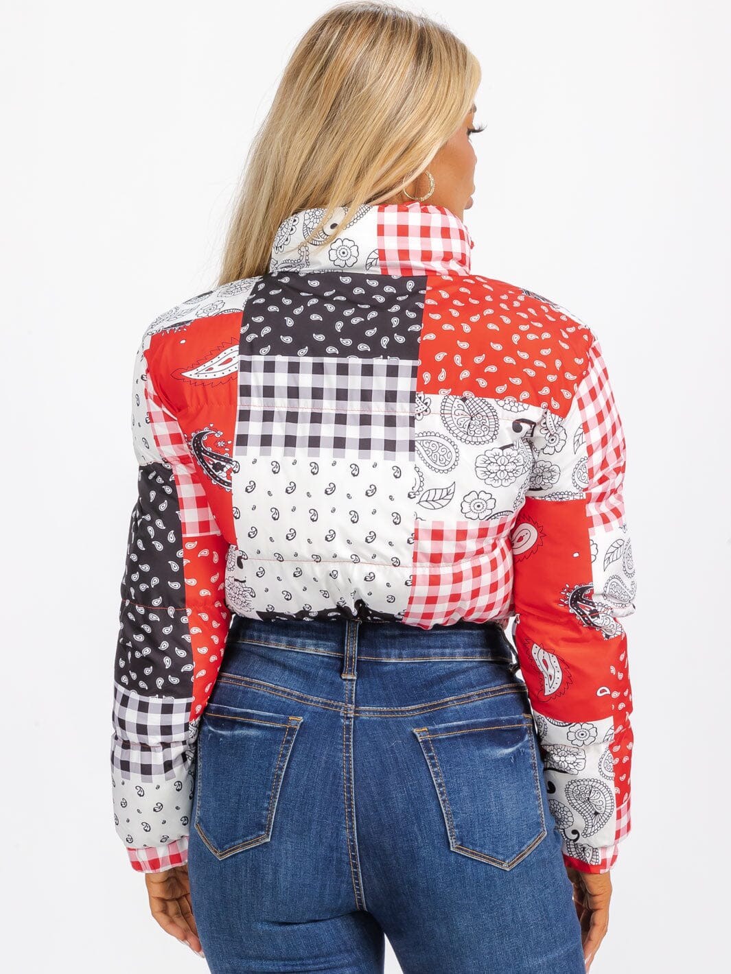 WOMEN'S LONG SLEEVE ZIP UP FRONT POCKETS PUFFER MULTI PRINT JACKET