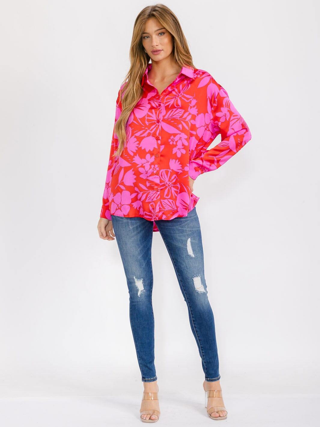 WOMEN'S LONG SLEEVE BUTTON UP FLORAL BLOUSE