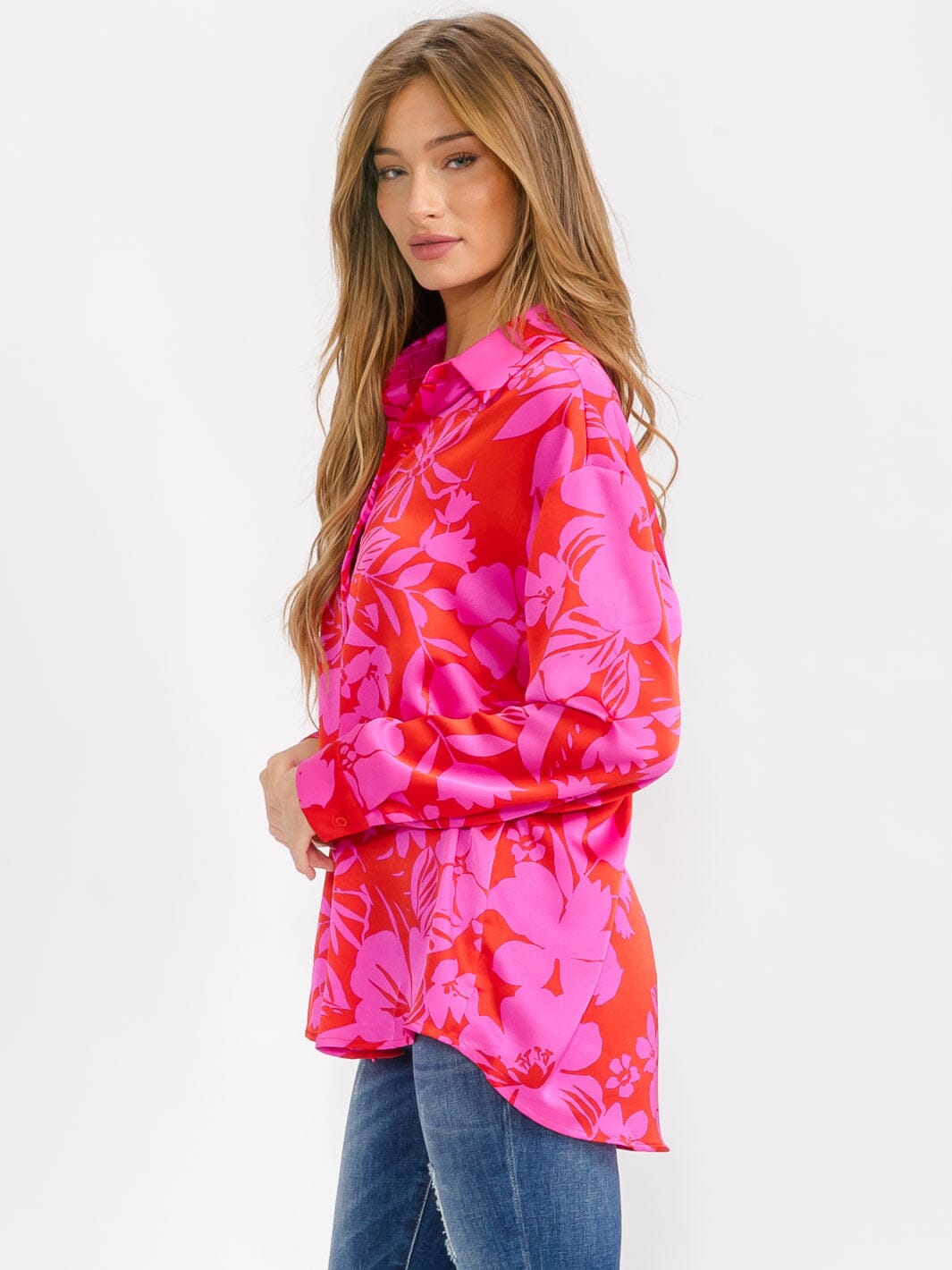 WOMEN'S LONG SLEEVE BUTTON UP FLORAL BLOUSE