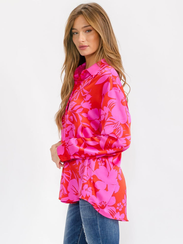 WOMEN'S LONG SLEEVE BUTTON UP FLORAL BLOUSE