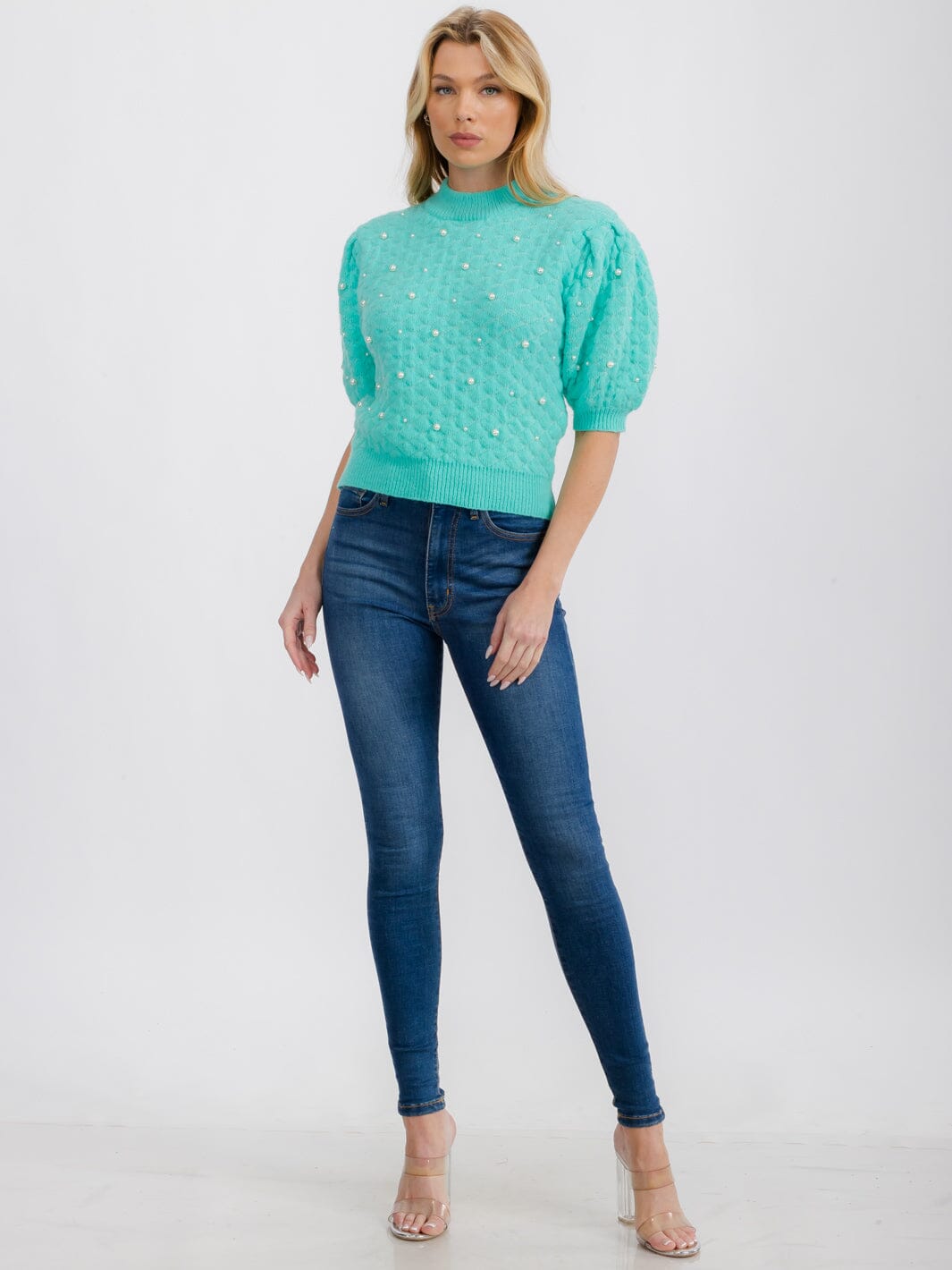 WOMEN'S SHORT PUFF SLEEVE PEARL KNIT BLOUSE