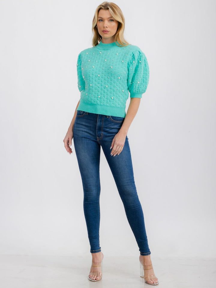 WOMEN'S SHORT PUFF SLEEVE PEARL KNIT BLOUSE