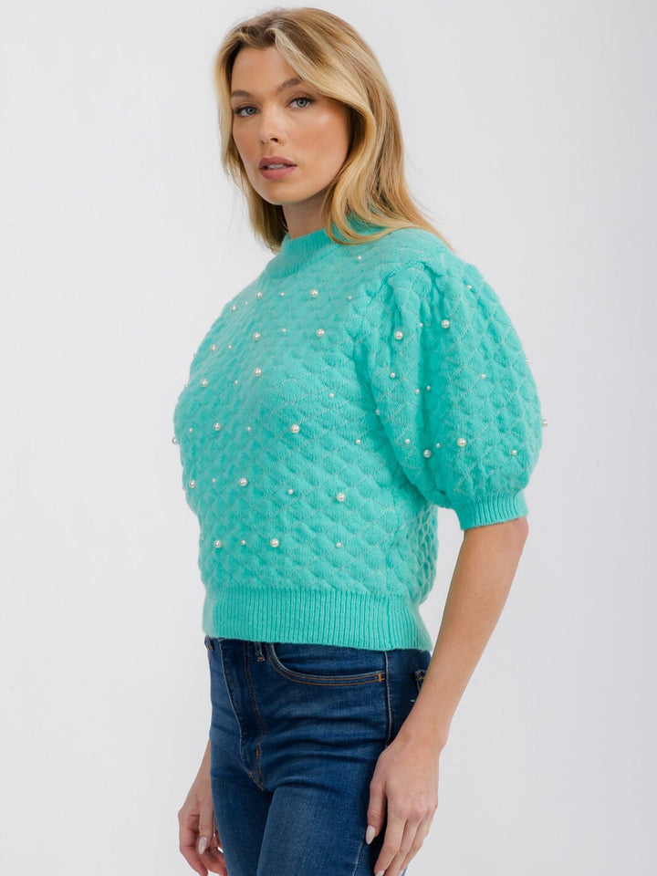 WOMEN'S SHORT PUFF SLEEVE PEARL KNIT BLOUSE