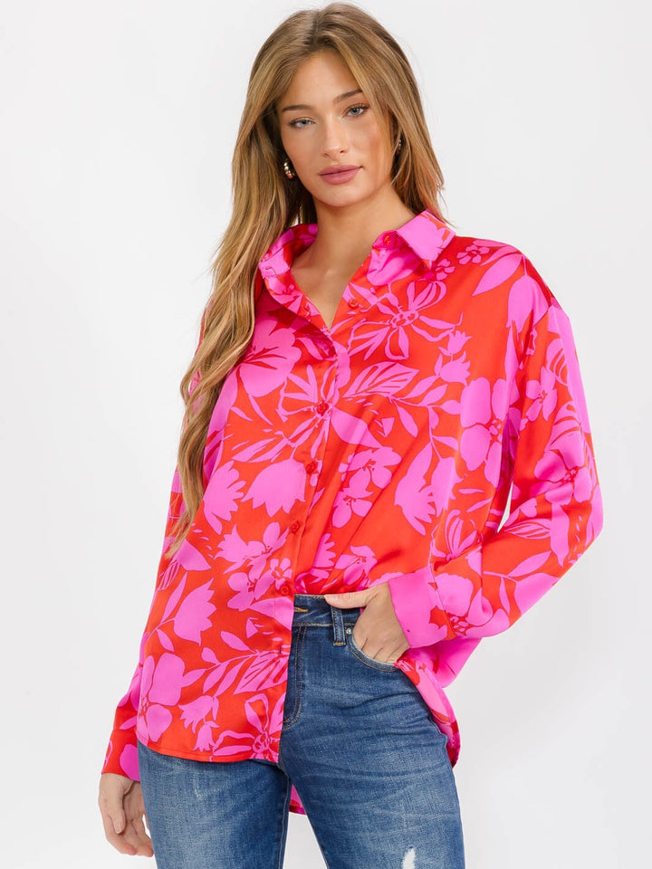 WOMEN'S LONG SLEEVE BUTTON UP FLORAL BLOUSE