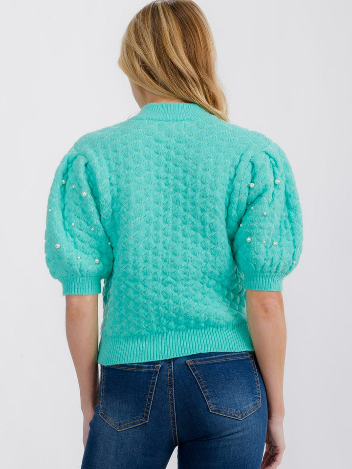 WOMEN'S SHORT PUFF SLEEVE PEARL KNIT BLOUSE