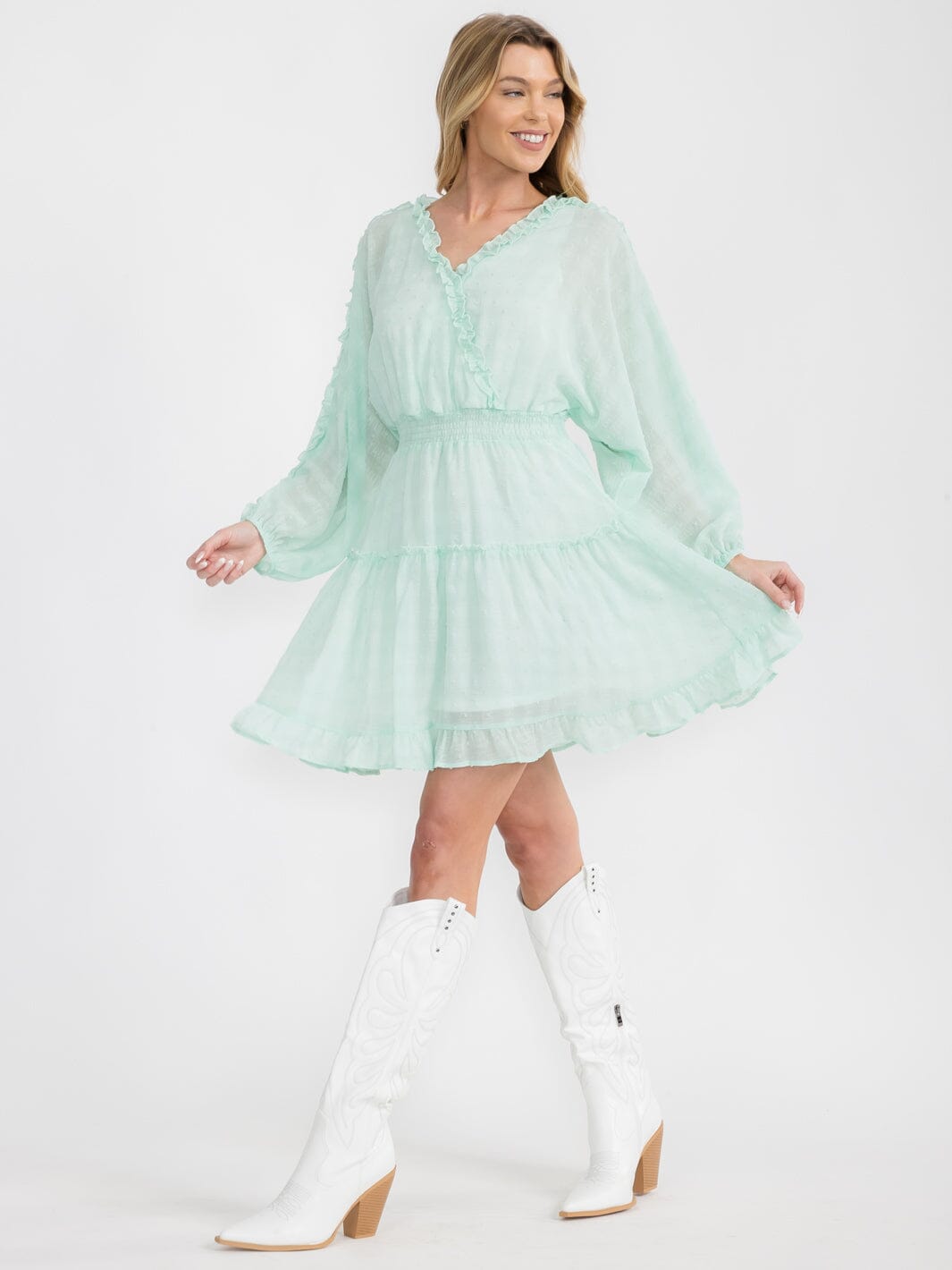 WOMEN'S LONG SLEEVE SWISS DOT RUFFLE FRILL DETAIL SMOCKED WAIST MINI DRESS