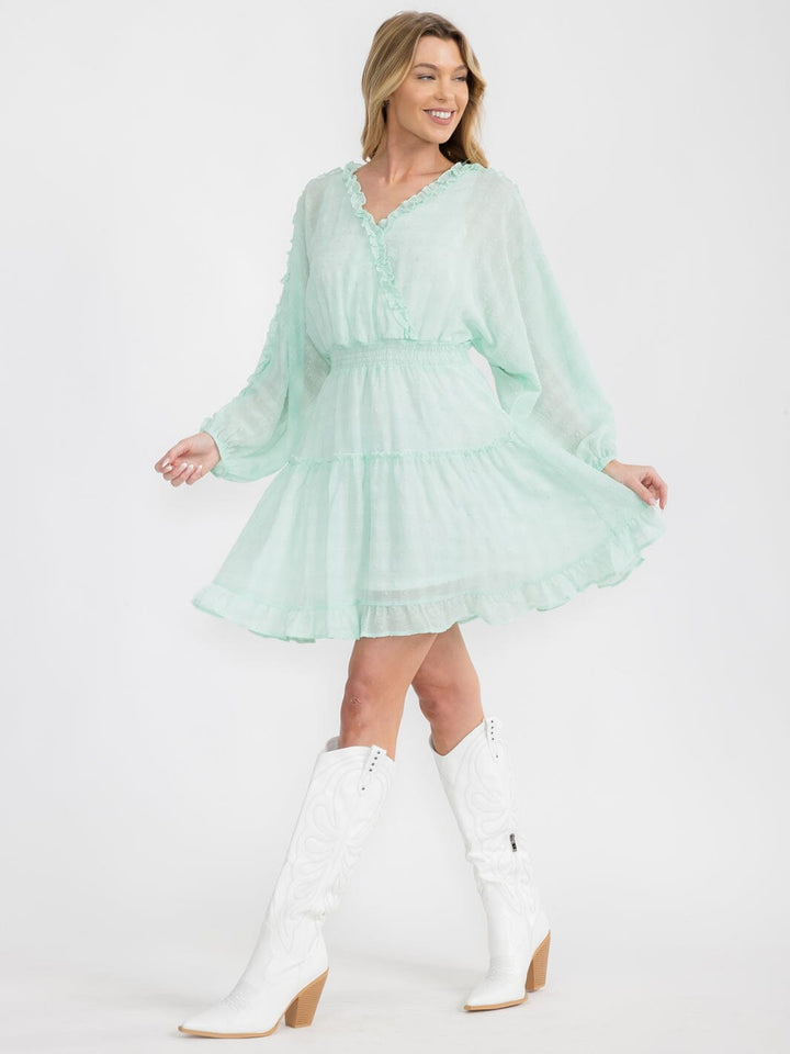 WOMEN'S LONG SLEEVE SWISS DOT RUFFLE FRILL DETAIL SMOCKED WAIST MINI DRESS