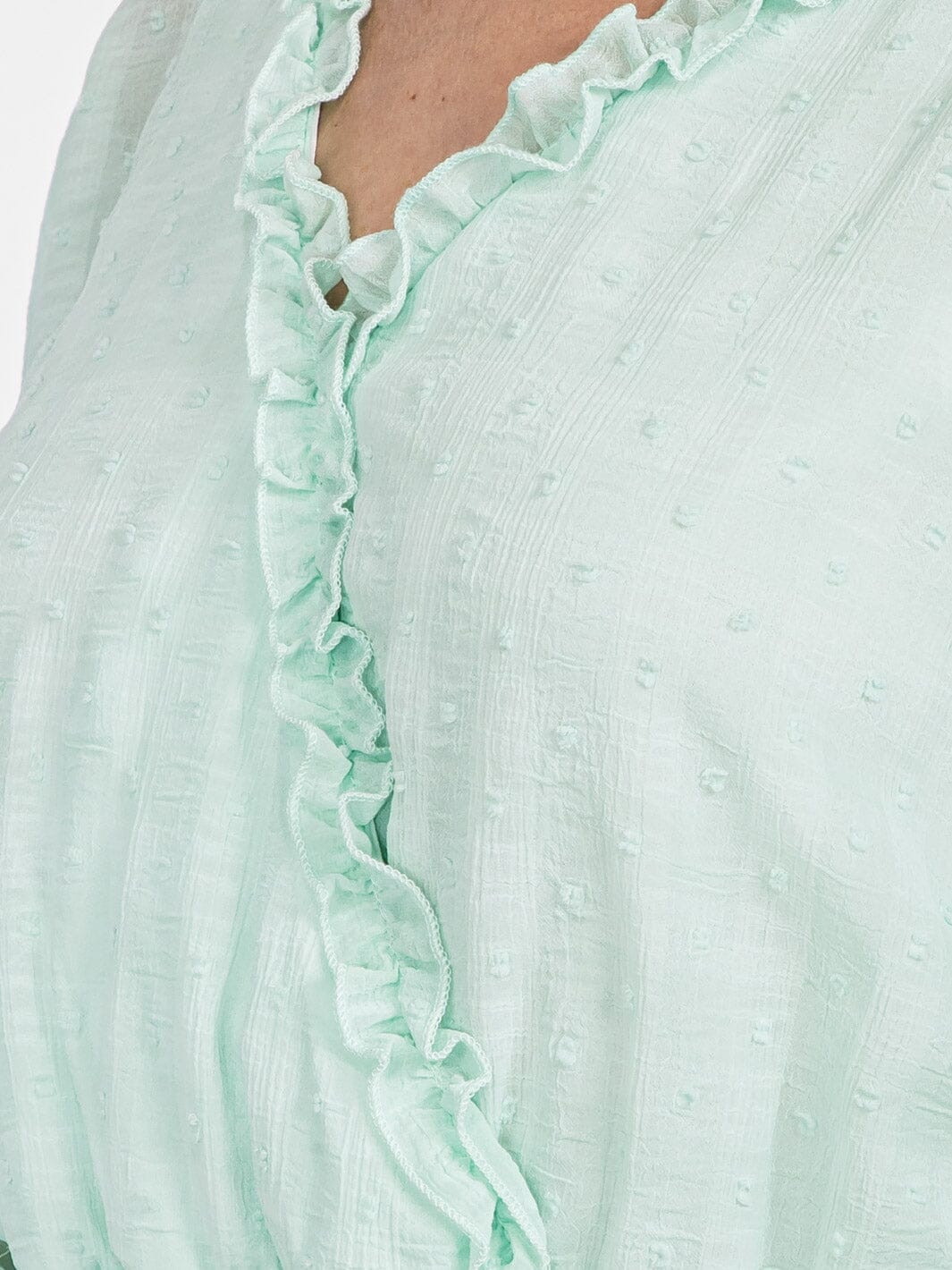 WOMEN'S LONG SLEEVE SWISS DOT RUFFLE FRILL DETAIL SMOCKED WAIST MINI DRESS