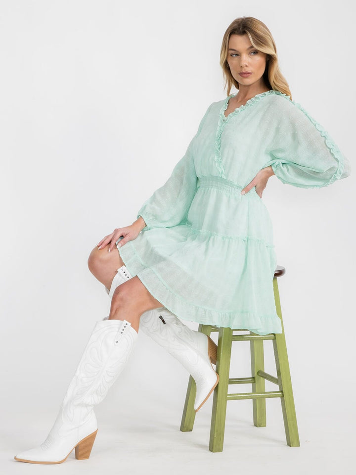 WOMEN'S LONG SLEEVE SWISS DOT RUFFLE FRILL DETAIL SMOCKED WAIST MINI DRESS