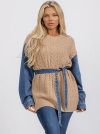 WOMEN'S LONG SLEEVE SELF TIE DENIM KNIT CONTRAST PULLOVER SWEATER