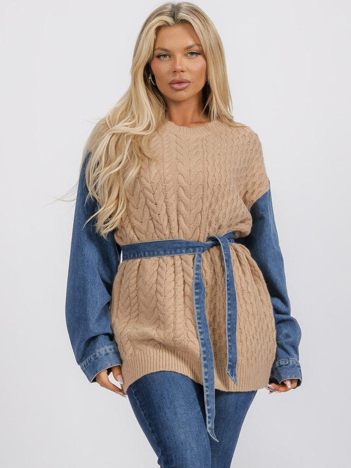 WOMEN'S LONG SLEEVE SELF TIE DENIM KNIT CONTRAST PULLOVER SWEATER