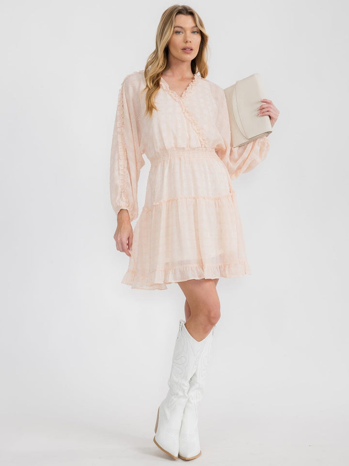 WOMEN'S LONG SLEEVE SWISS DOT RUFFLE FRILL DETAIL SMOCKED WAIST MINI DRESS