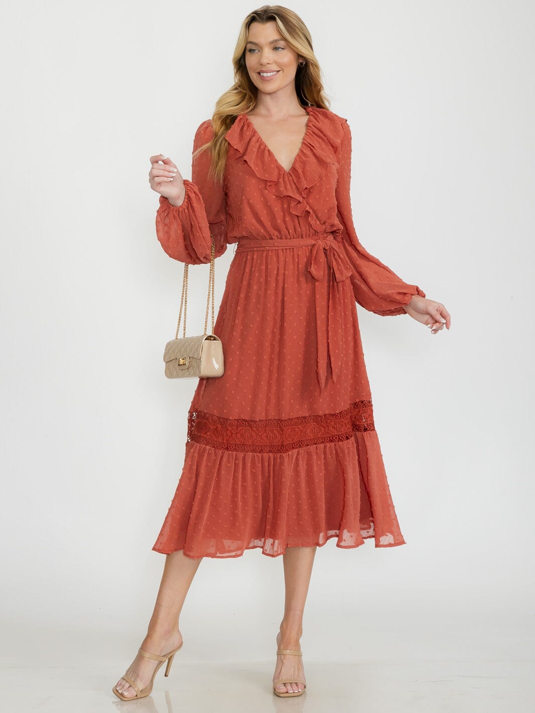WOMEN'S LONG SLEEVE SURPLICE SWISS DOTS SELF TIE MAXI DRESS