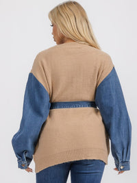 WOMEN'S LONG SLEEVE SELF TIE DENIM KNIT CONTRAST PULLOVER SWEATER