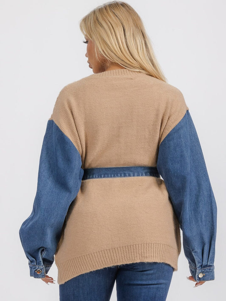 WOMEN'S LONG SLEEVE SELF TIE DENIM KNIT CONTRAST PULLOVER SWEATER