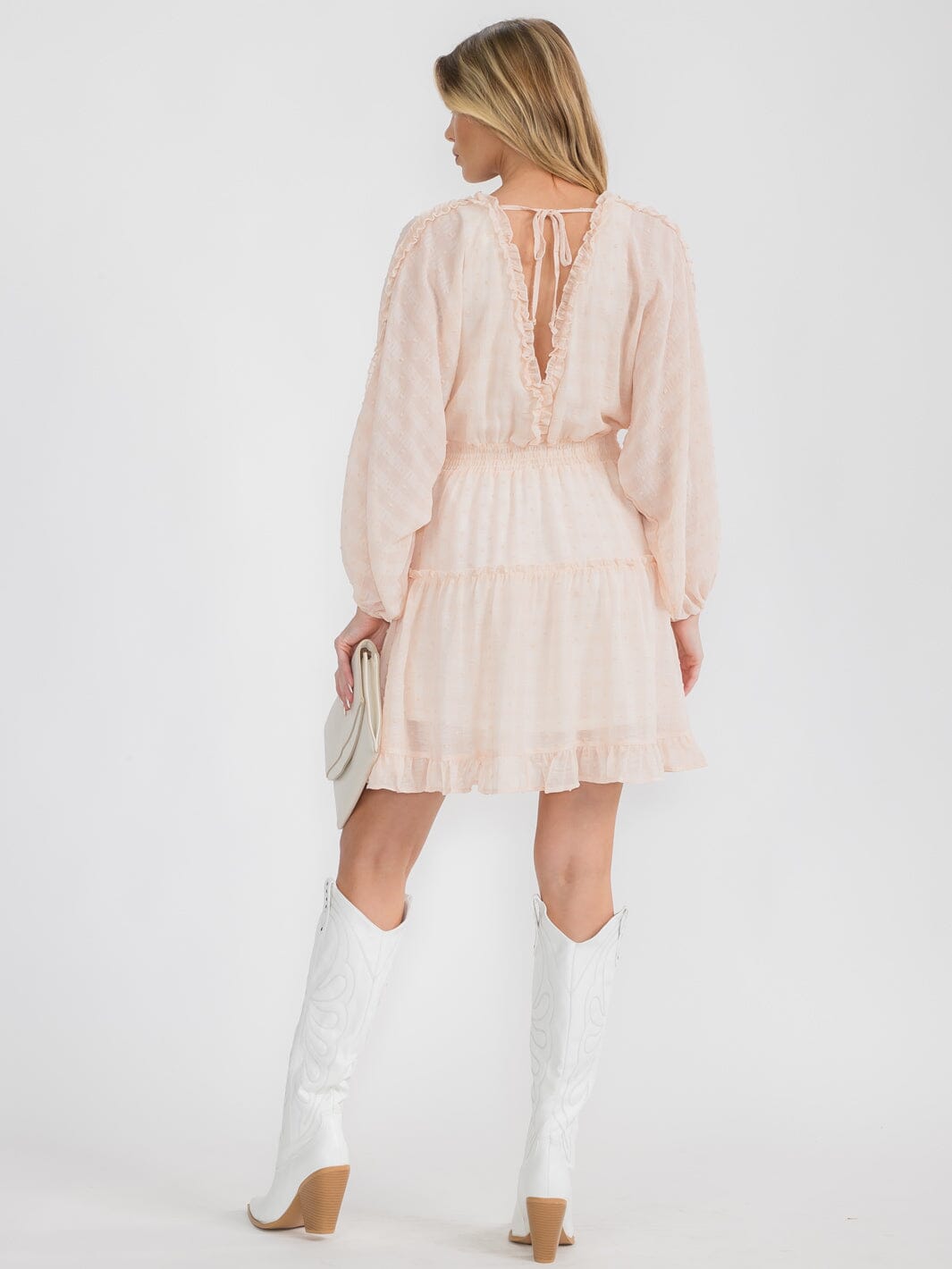 WOMEN'S LONG SLEEVE SWISS DOT RUFFLE FRILL DETAIL SMOCKED WAIST MINI DRESS