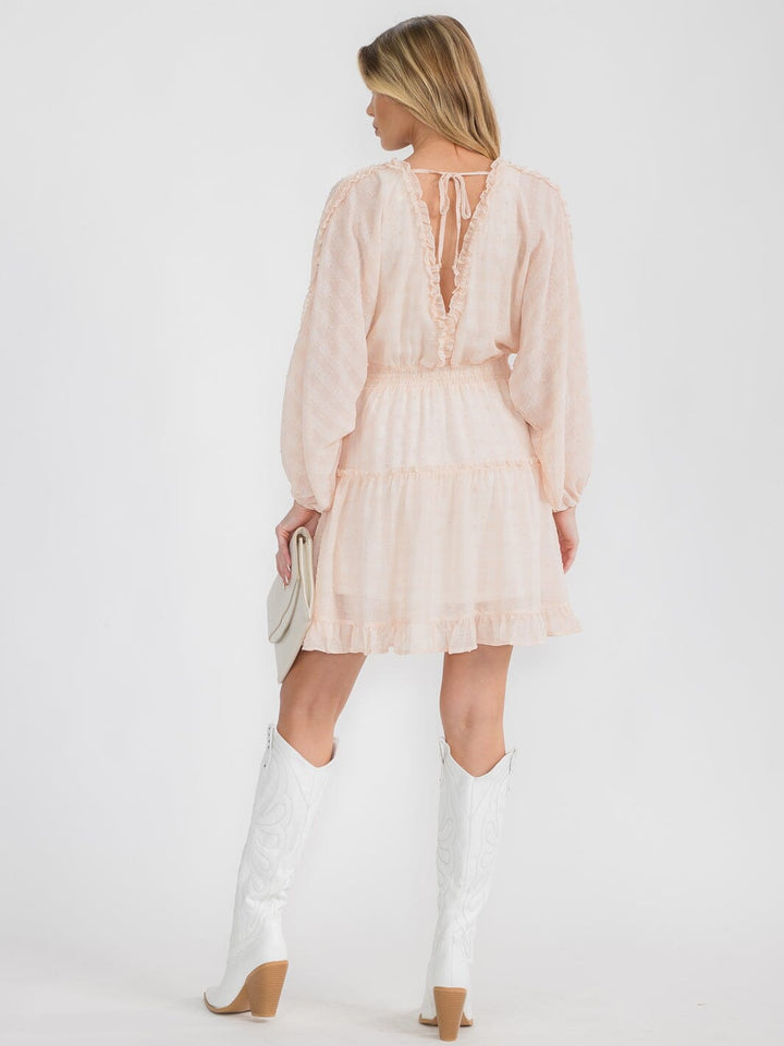 WOMEN'S LONG SLEEVE SWISS DOT RUFFLE FRILL DETAIL SMOCKED WAIST MINI DRESS