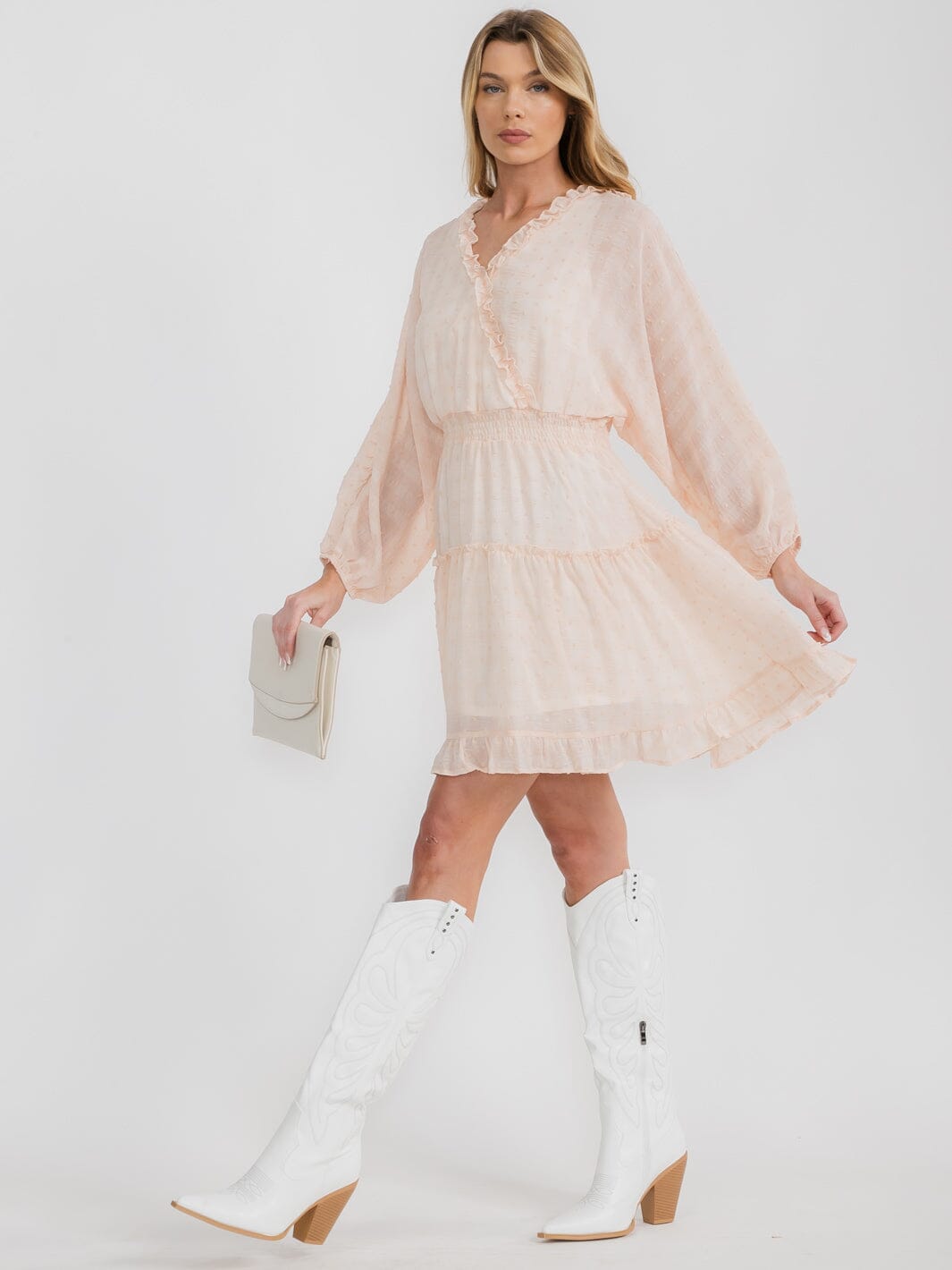 WOMEN'S LONG SLEEVE SWISS DOT RUFFLE FRILL DETAIL SMOCKED WAIST MINI DRESS