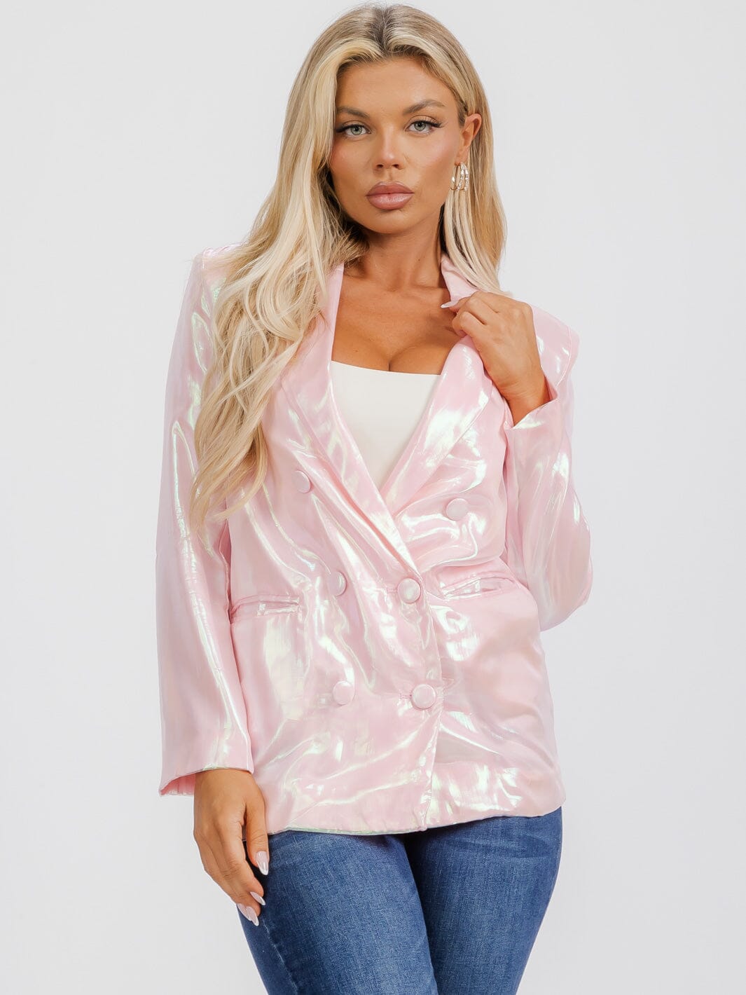 WOMEN'S LONG SLEEVE BUTTON CLOSURE FRONT POCKETS SHIMMER BLAZER