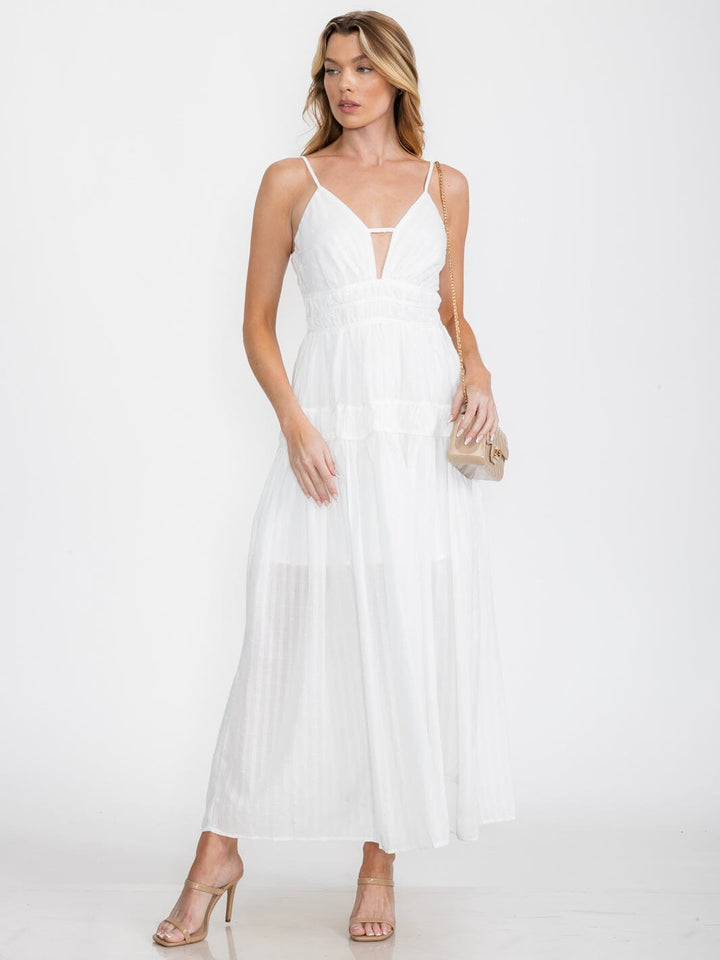 WOMEN'S SLEEVELESS V-NECK FRONT POCKETS SWISS DOTS MAXI DRESS