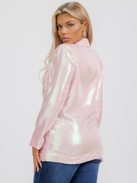 WOMEN'S LONG SLEEVE BUTTON CLOSURE FRONT POCKETS SHIMMER BLAZER