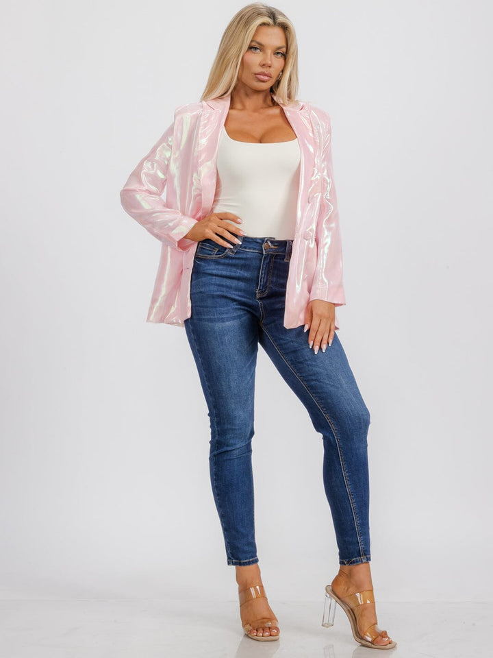 WOMEN'S LONG SLEEVE BUTTON CLOSURE FRONT POCKETS SHIMMER BLAZER