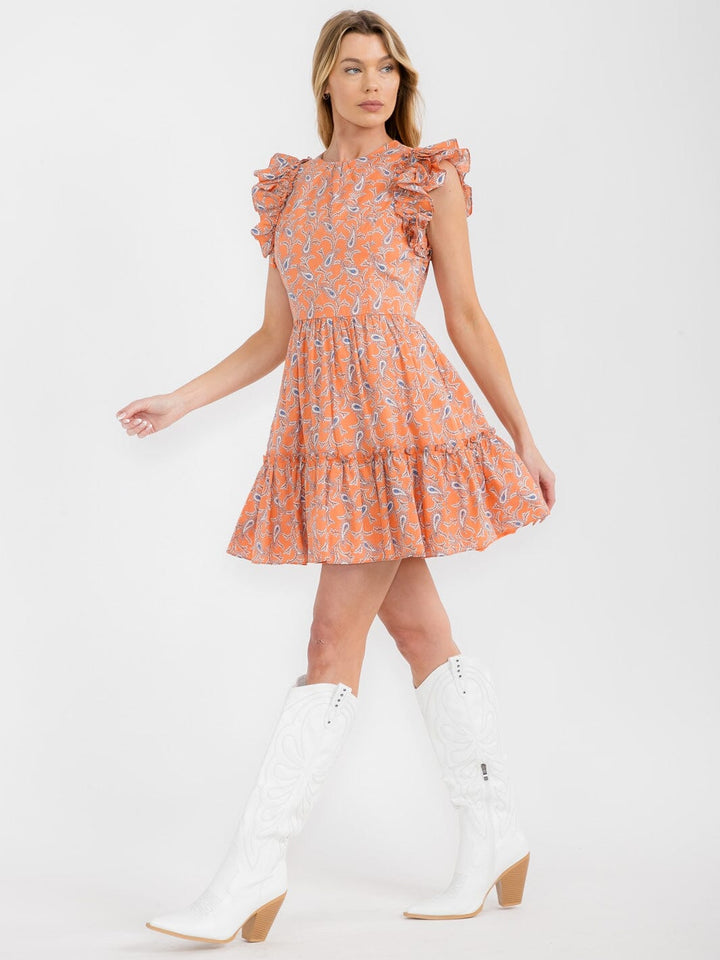 WOMEN'S RUFFLE SLEEVE TIERED PAISLEY PRINT MINI DRESS