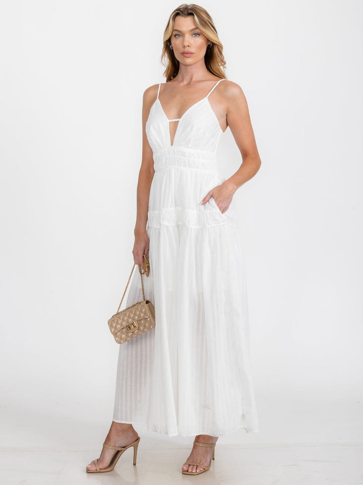 WOMEN'S SLEEVELESS V-NECK FRONT POCKETS SWISS DOTS MAXI DRESS