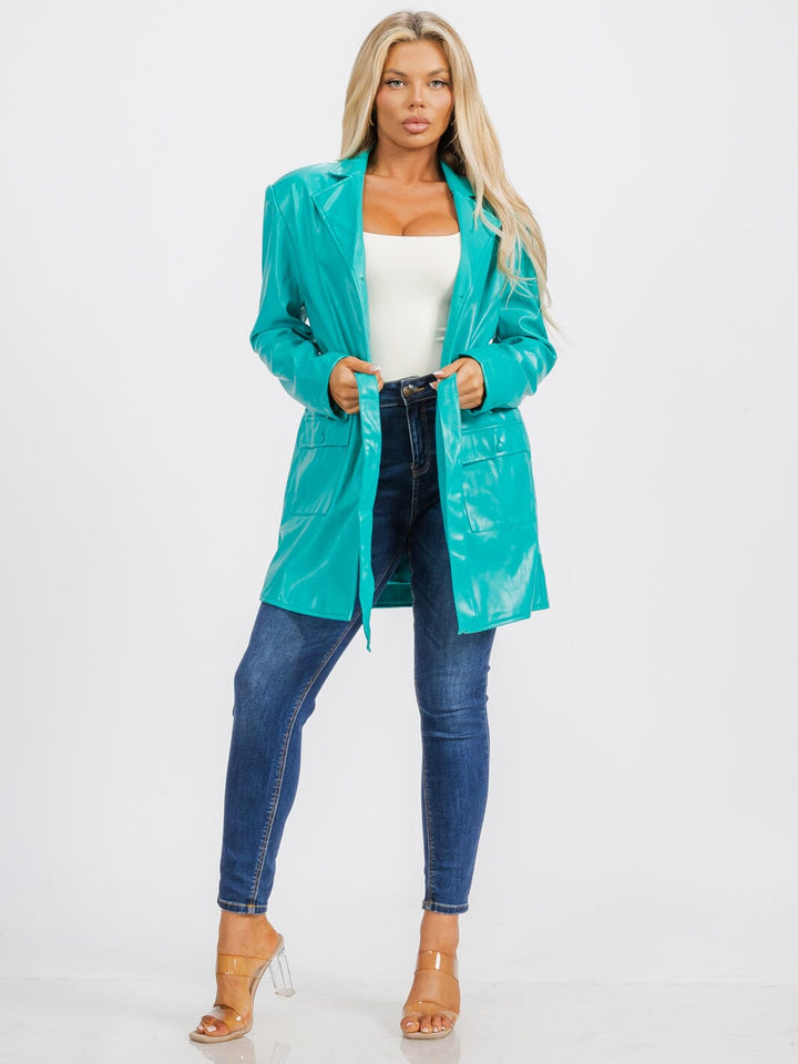 WOMEN'S LONG SLEEVE BUTTON CLOSURE FRONT POCKETS PU PLEATHER JACKET