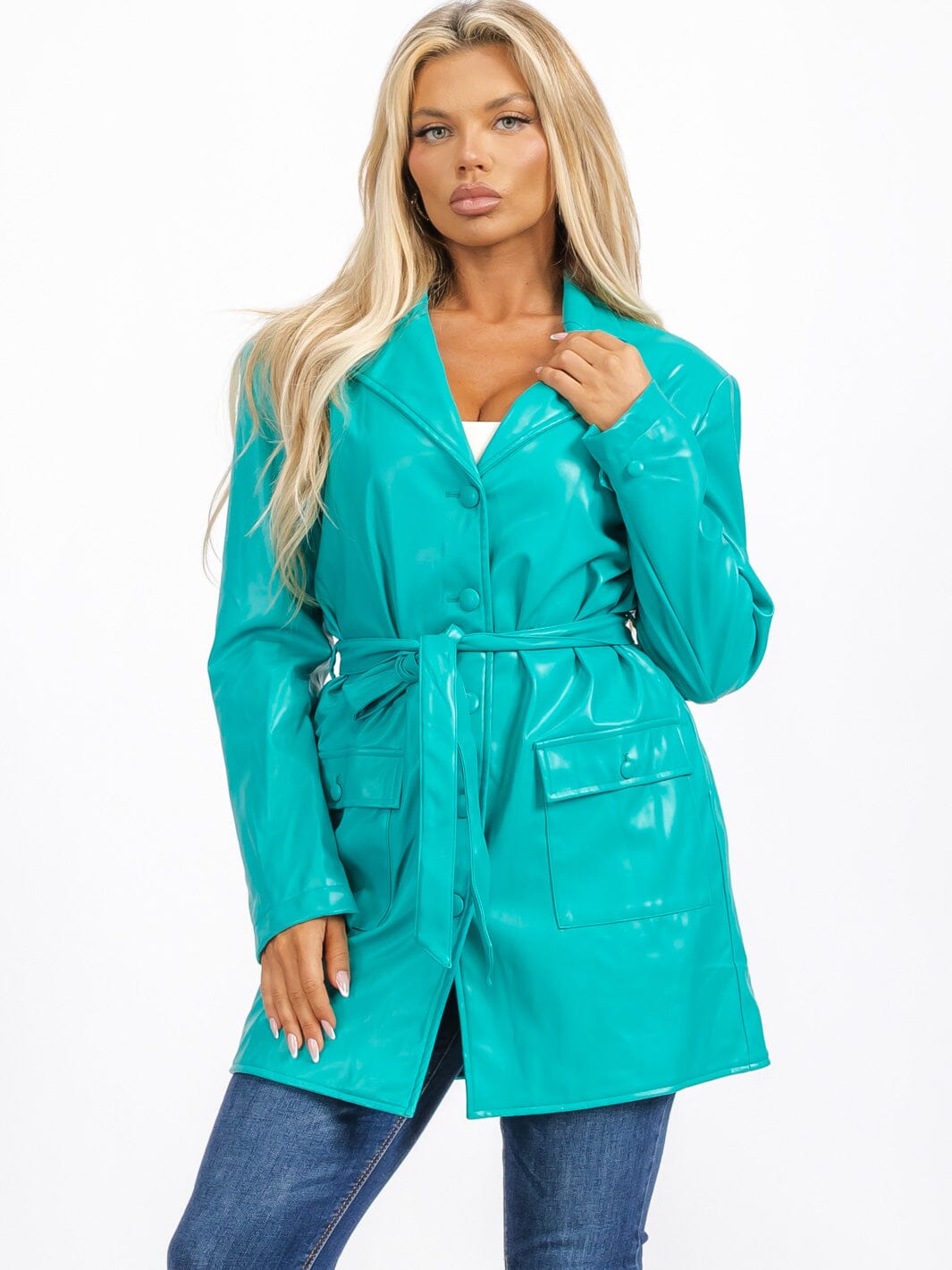 WOMEN'S LONG SLEEVE BUTTON CLOSURE FRONT POCKETS PU PLEATHER JACKET