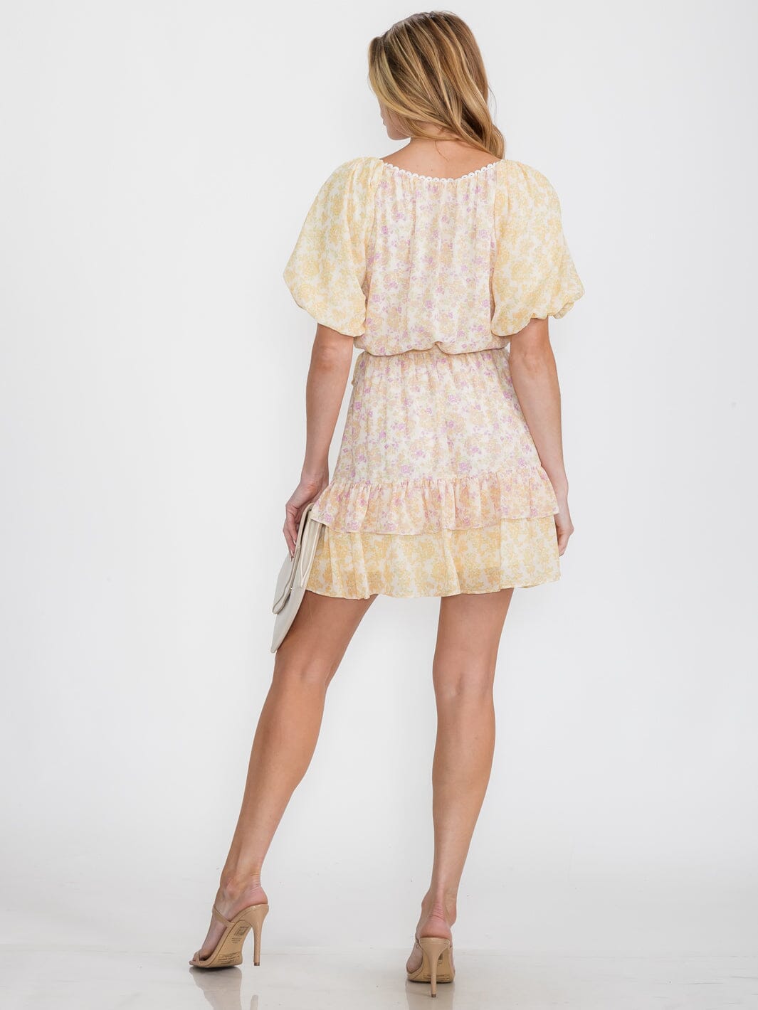WOMEN'S SHORT SLEEVE SURPLICE SELF TIE FLORAL MINI DRESS