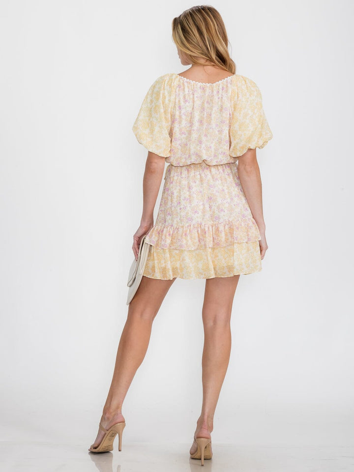 WOMEN'S SHORT SLEEVE SURPLICE SELF TIE FLORAL MINI DRESS