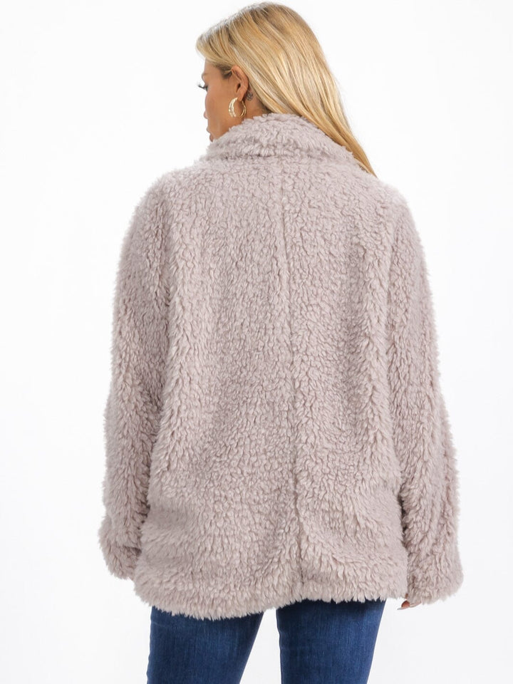 WOMEN'S LONG SLEEVE BUTTON CLOSURE FRONT POCKETS SHERPA JACKET