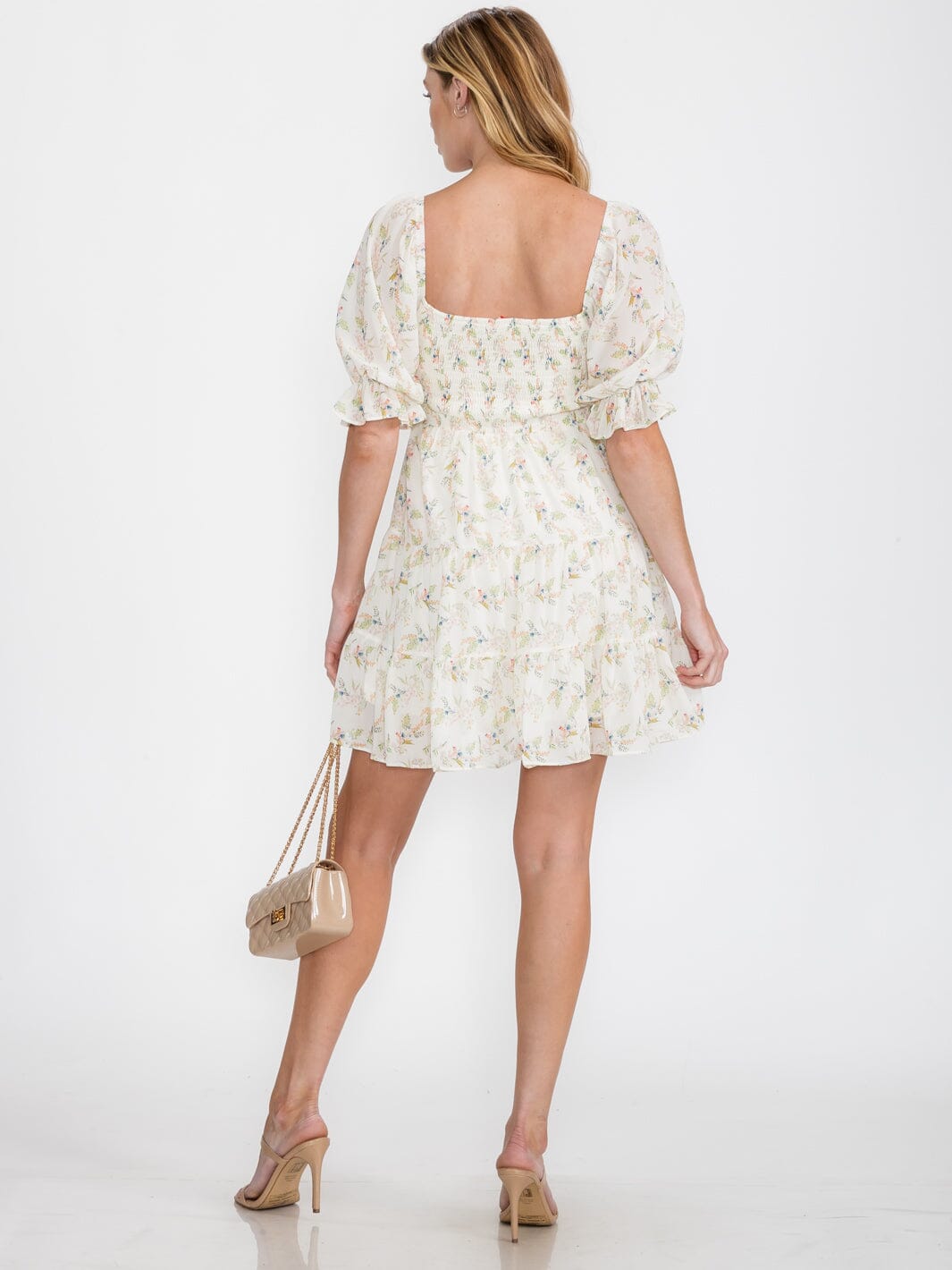 WOMEN'S SHORT PUFF SLEEVE SMOCK FLORAL MINI DRESS