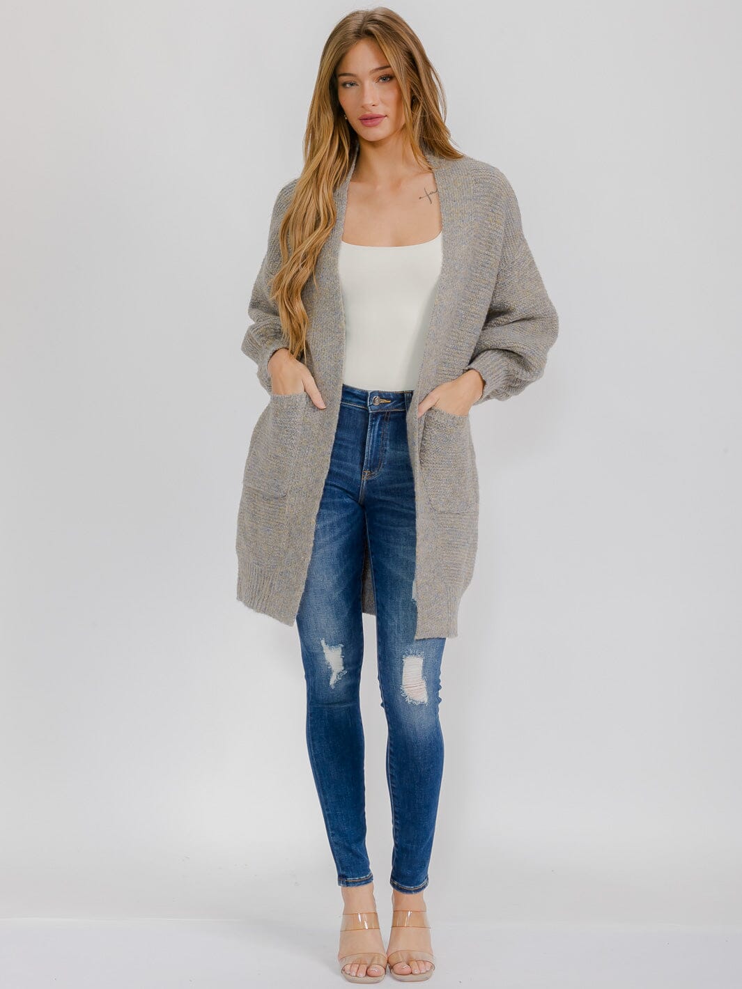 WOMEN'S LONG SLEEVE OPEN FRONT POCKETS CARDIGAN