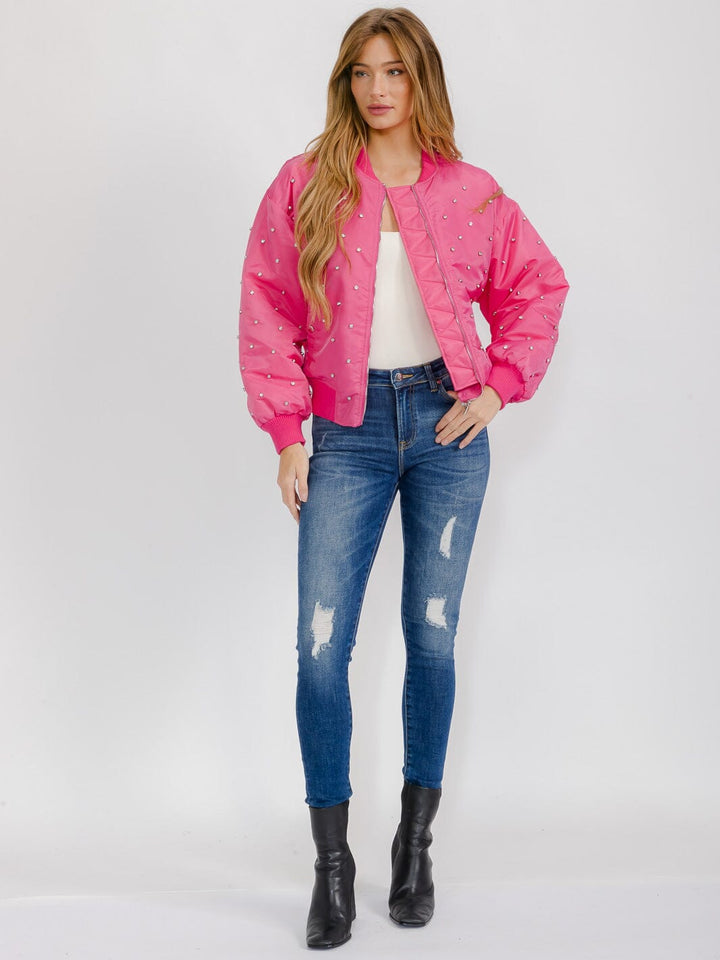 WOMEN'S LONG SLEEVE FRONT POCKETS ZIP UP STUDS DETAILED PUFFER JACKET