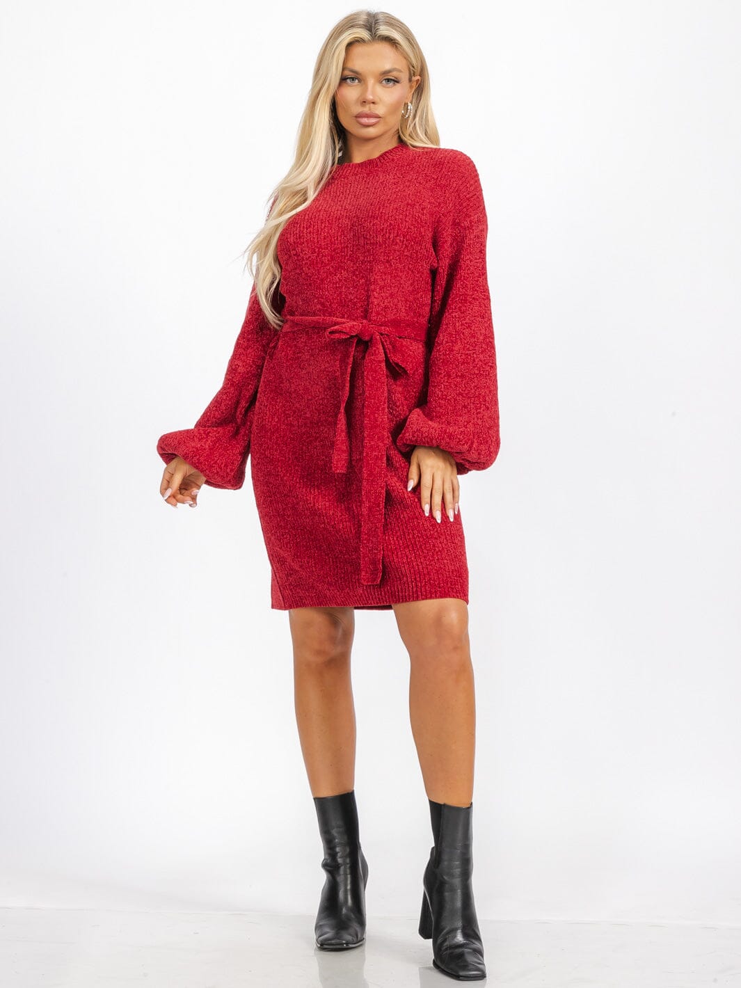 WOMEN'S LONG BALLON SLEEVE SELF TIE KNIT MINI DRESS