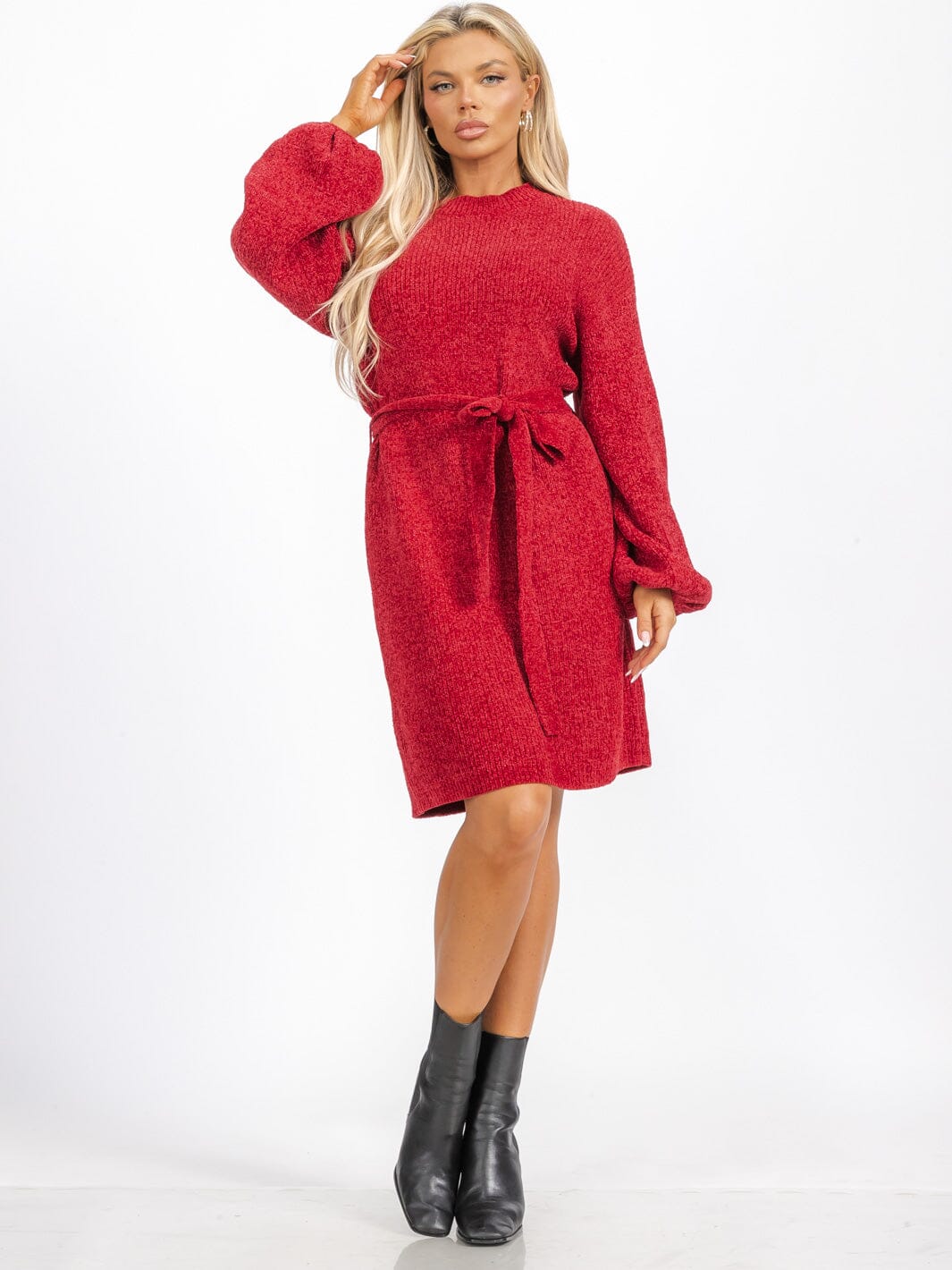 WOMEN'S LONG BALLON SLEEVE SELF TIE KNIT MINI DRESS