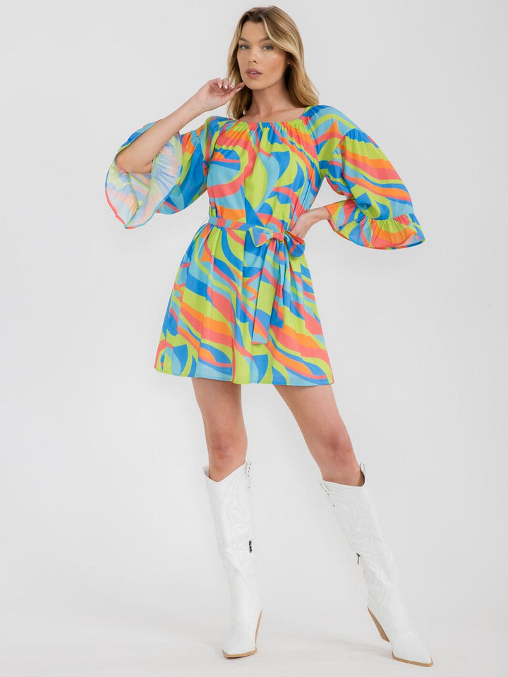 WOMEN'S 3/4 BELL SLEEVE SELF TIE TUNIC MULTI PRINT MINI DRESS