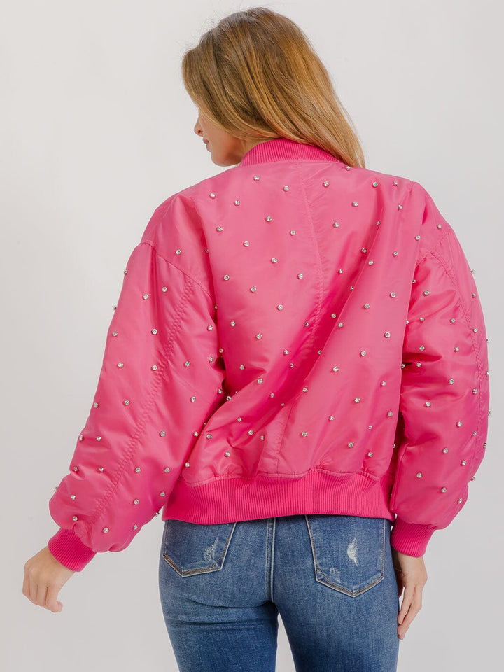 WOMEN'S LONG SLEEVE FRONT POCKETS ZIP UP STUDS DETAILED PUFFER JACKET