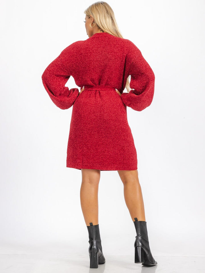 WOMEN'S LONG BALLON SLEEVE SELF TIE KNIT MINI DRESS