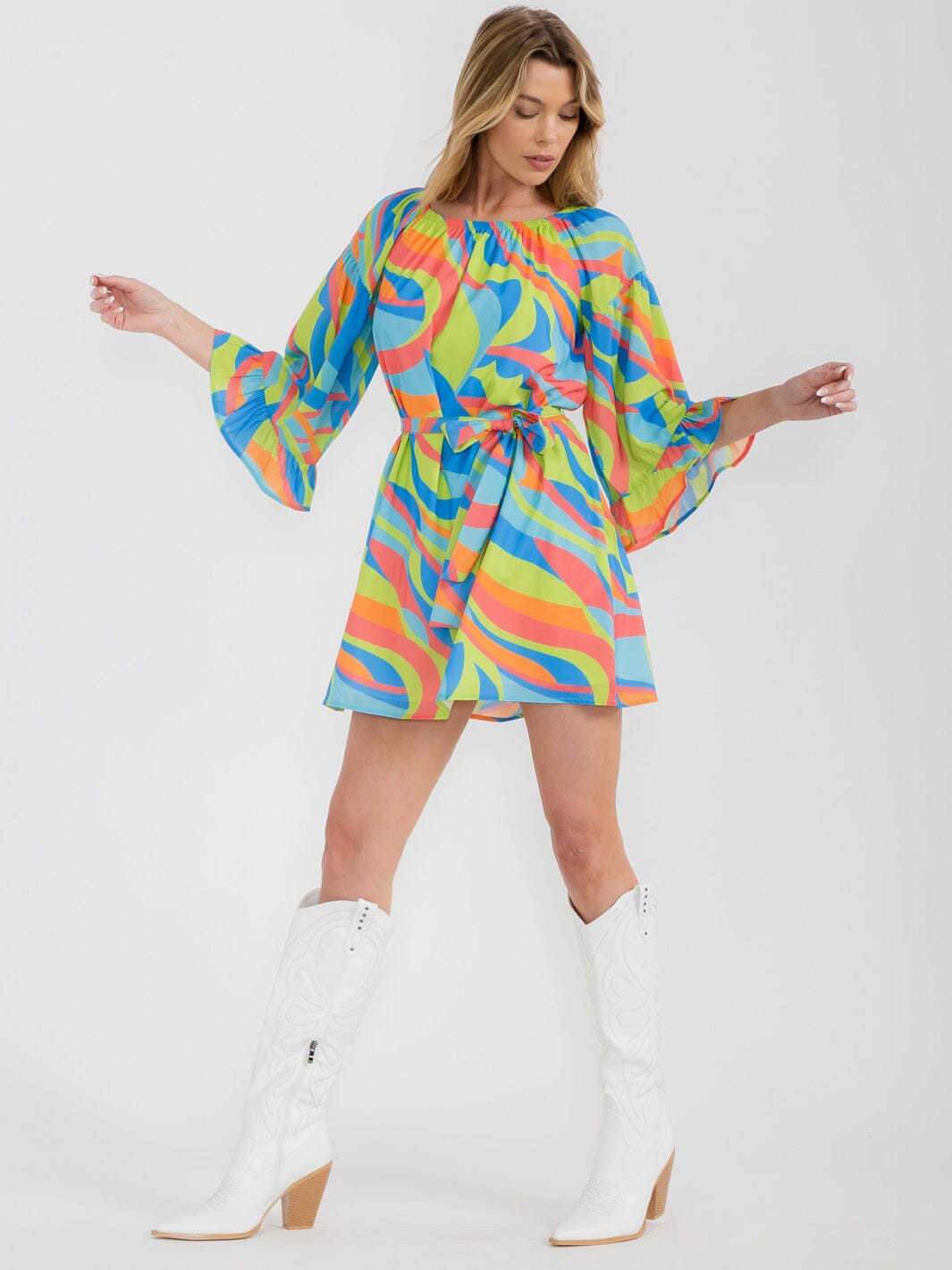 WOMEN'S 3/4 BELL SLEEVE SELF TIE TUNIC MULTI PRINT MINI DRESS