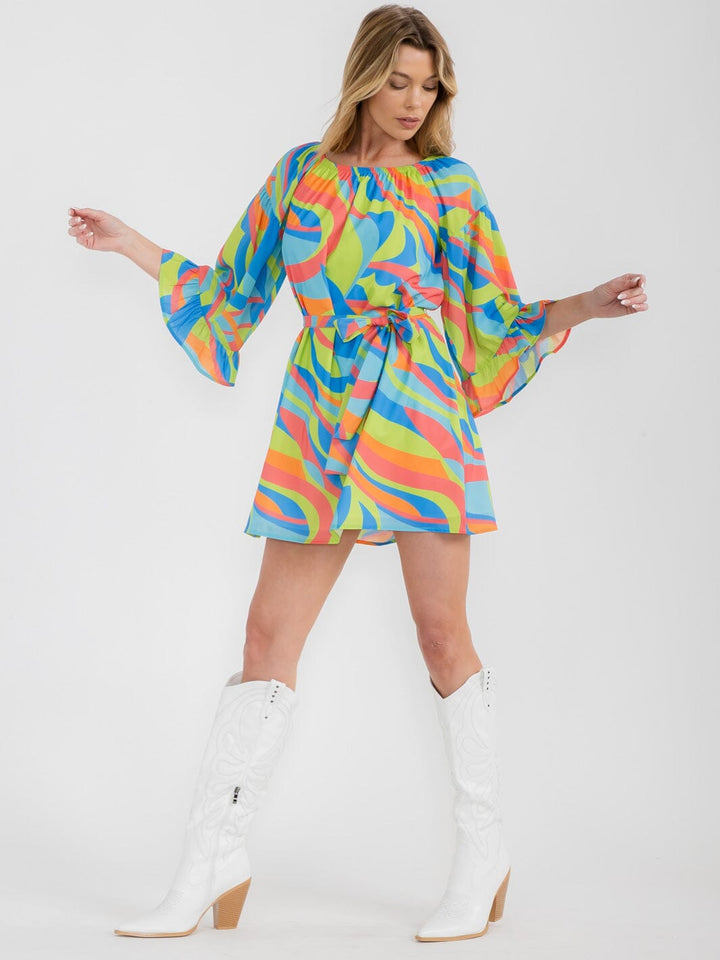 WOMEN'S 3/4 BELL SLEEVE SELF TIE TUNIC MULTI PRINT MINI DRESS