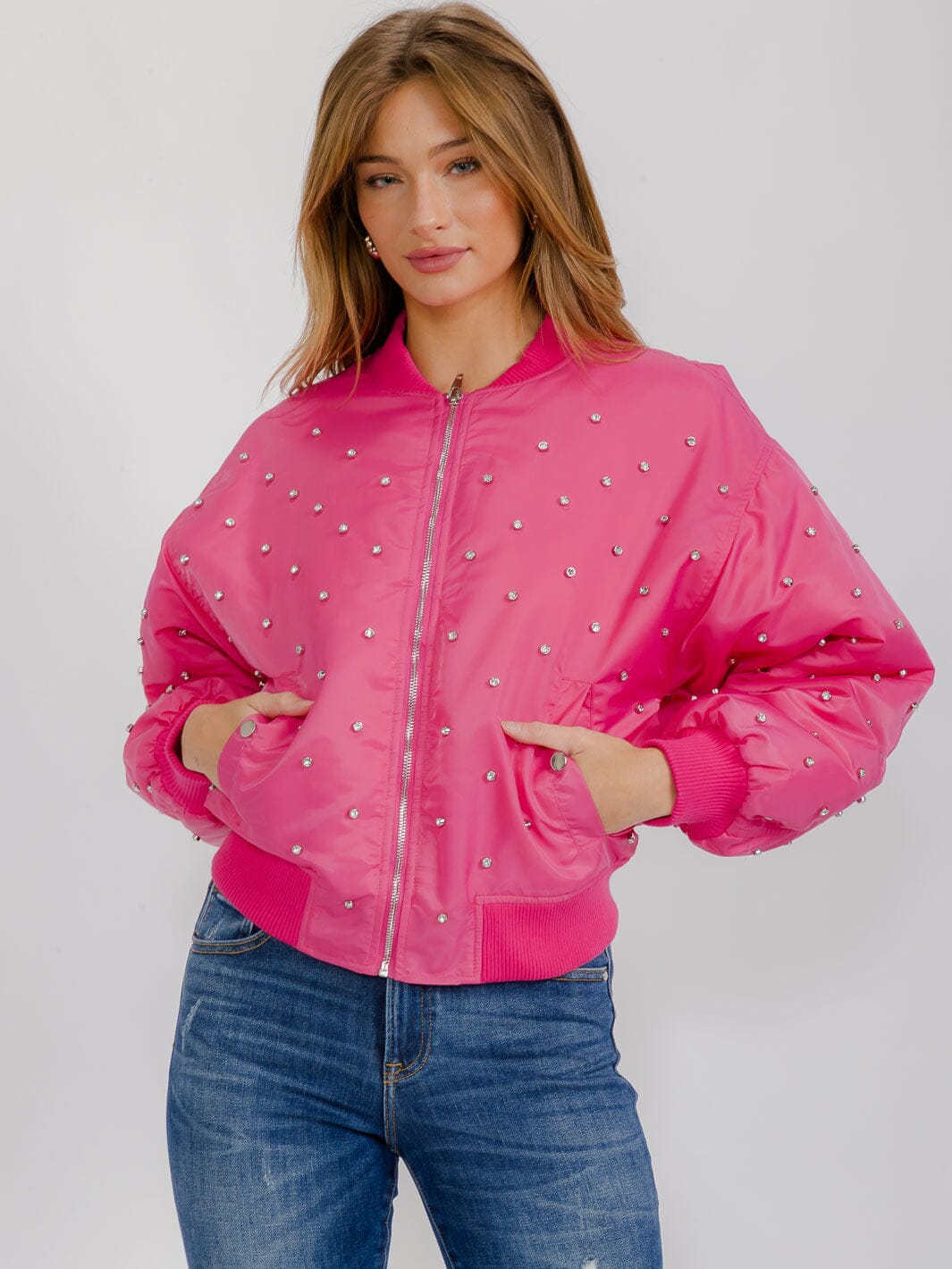 WOMEN'S LONG SLEEVE FRONT POCKETS ZIP UP STUDS DETAILED PUFFER JACKET