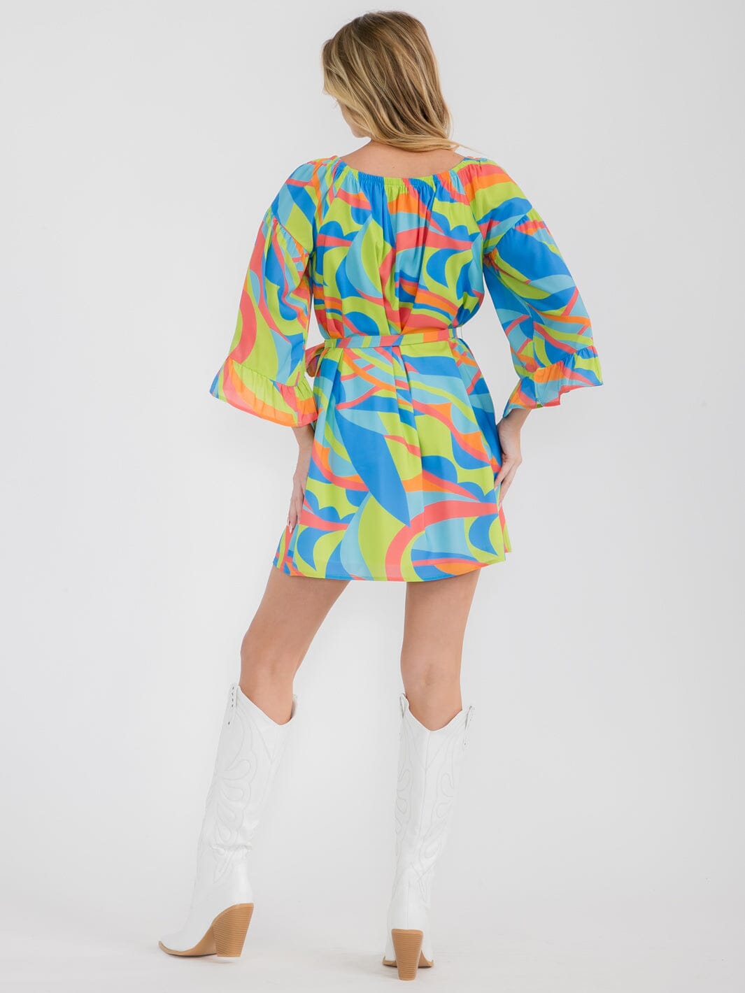 WOMEN'S 3/4 BELL SLEEVE SELF TIE TUNIC MULTI PRINT MINI DRESS