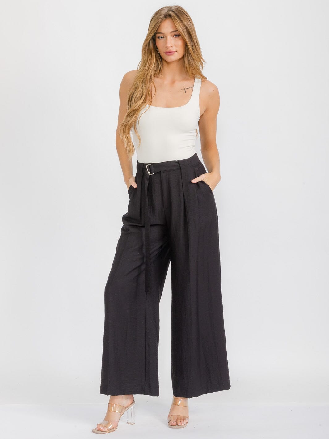 WOMEN'S BUTTON CLOSURE POCKETS WIDE LEG PANTS