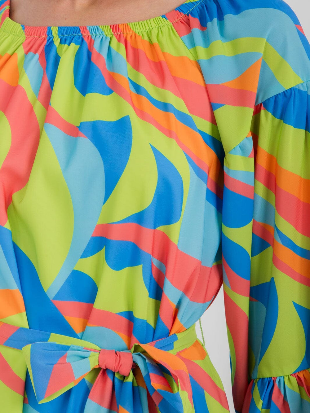 WOMEN'S 3/4 BELL SLEEVE SELF TIE TUNIC MULTI PRINT MINI DRESS