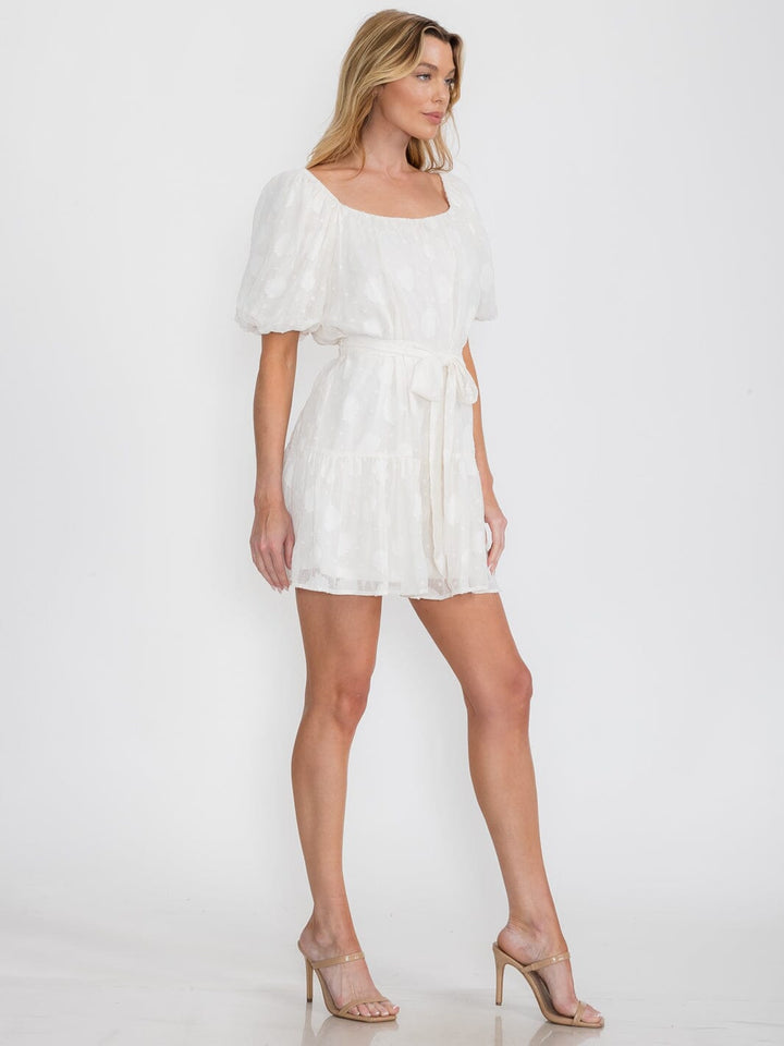 WOMEN'S SHORT PUFF SLEEVE SELF TIE SWISS DETAILED MINI DRESS