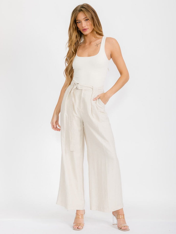 WOMEN'S BUTTON CLOSURE POCKETS WIDE LEG PANTS