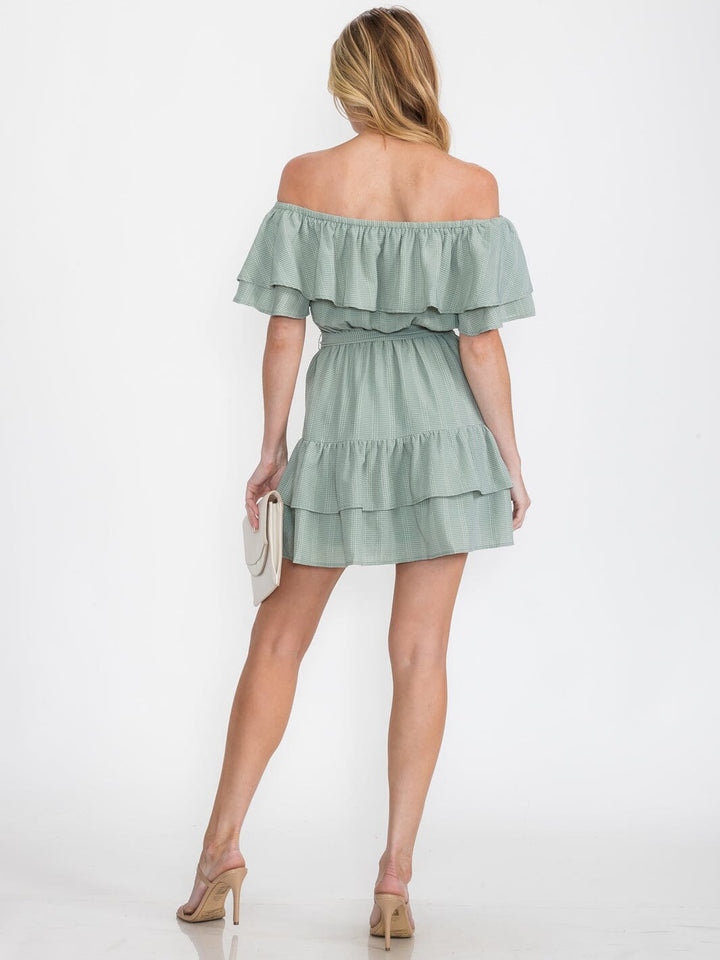 WOMEN'S OFF SHOULDER RUFFLE SELF TIE MINI DRESS